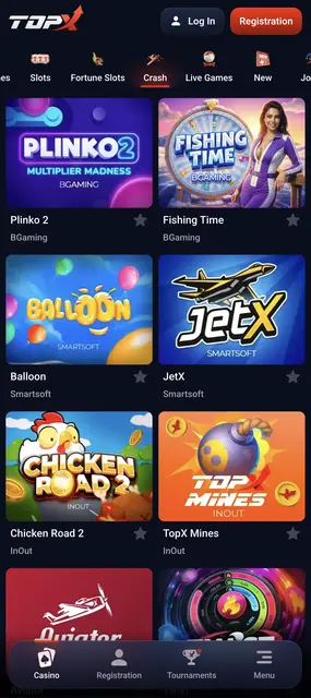 Juegos rápidos como Balloon, Chicken Road 2 y TopX Mines en el sitio de TopX